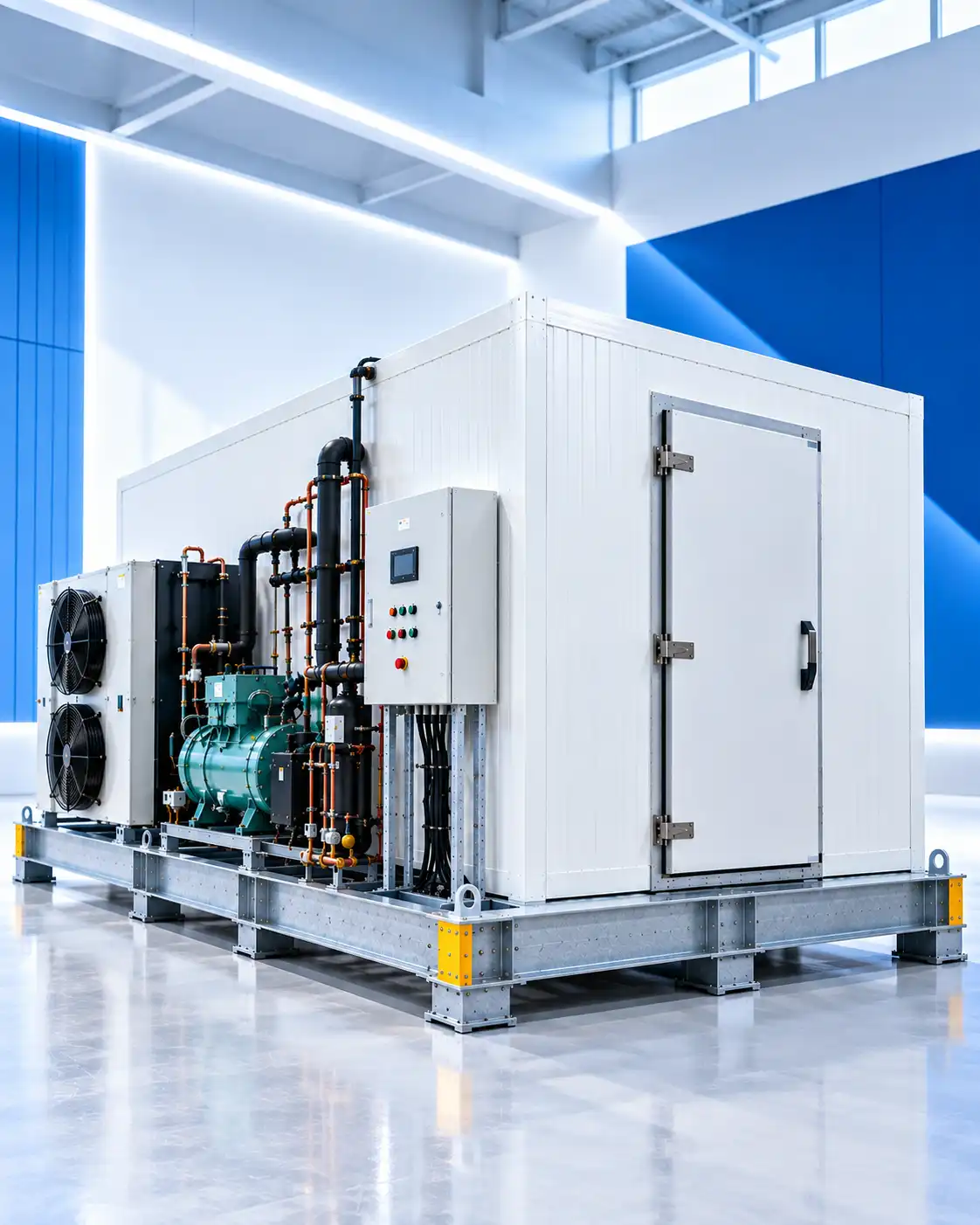 Complete skid-mounted cold room with integrated refrigeration system and insulated enclosure