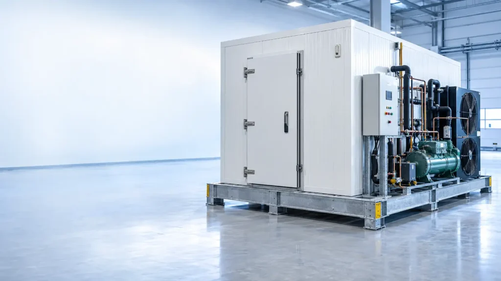 Skid-mounted cold storage system with insulated room and refrigeration equipment