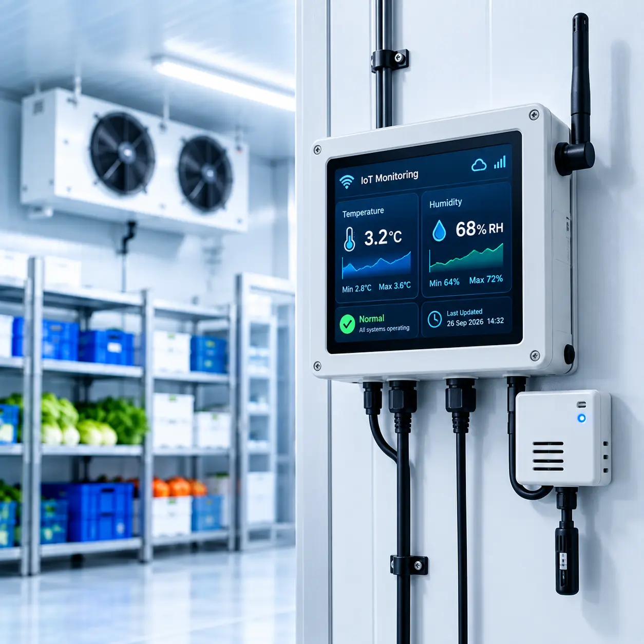 Smart chiller room IoT monitoring device displaying temperature and humidity data