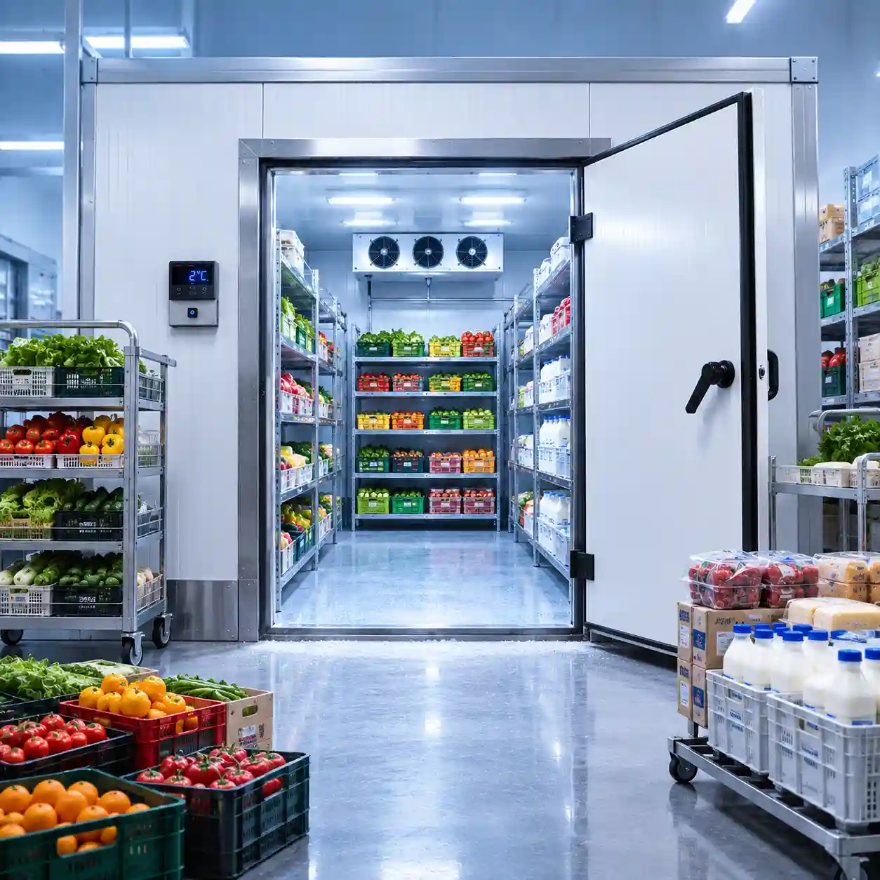 Supermarket cold room with refrigerated storage racks, fresh produce, dairy products, and temperature control display.