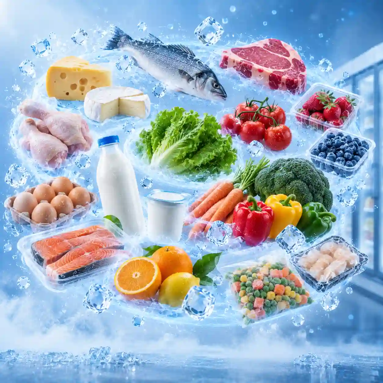 Supermarket cold storage for fresh produce, meat, seafood, dairy, and frozen food products.