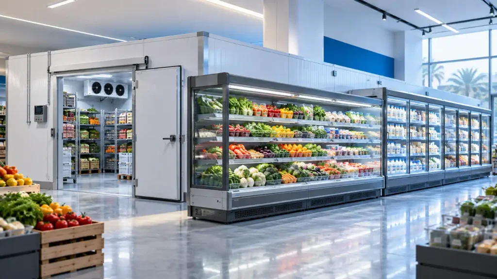 Supermarket cold storage facility with refrigerated display chillers, walk-in cold room, fresh produce, and dairy products.