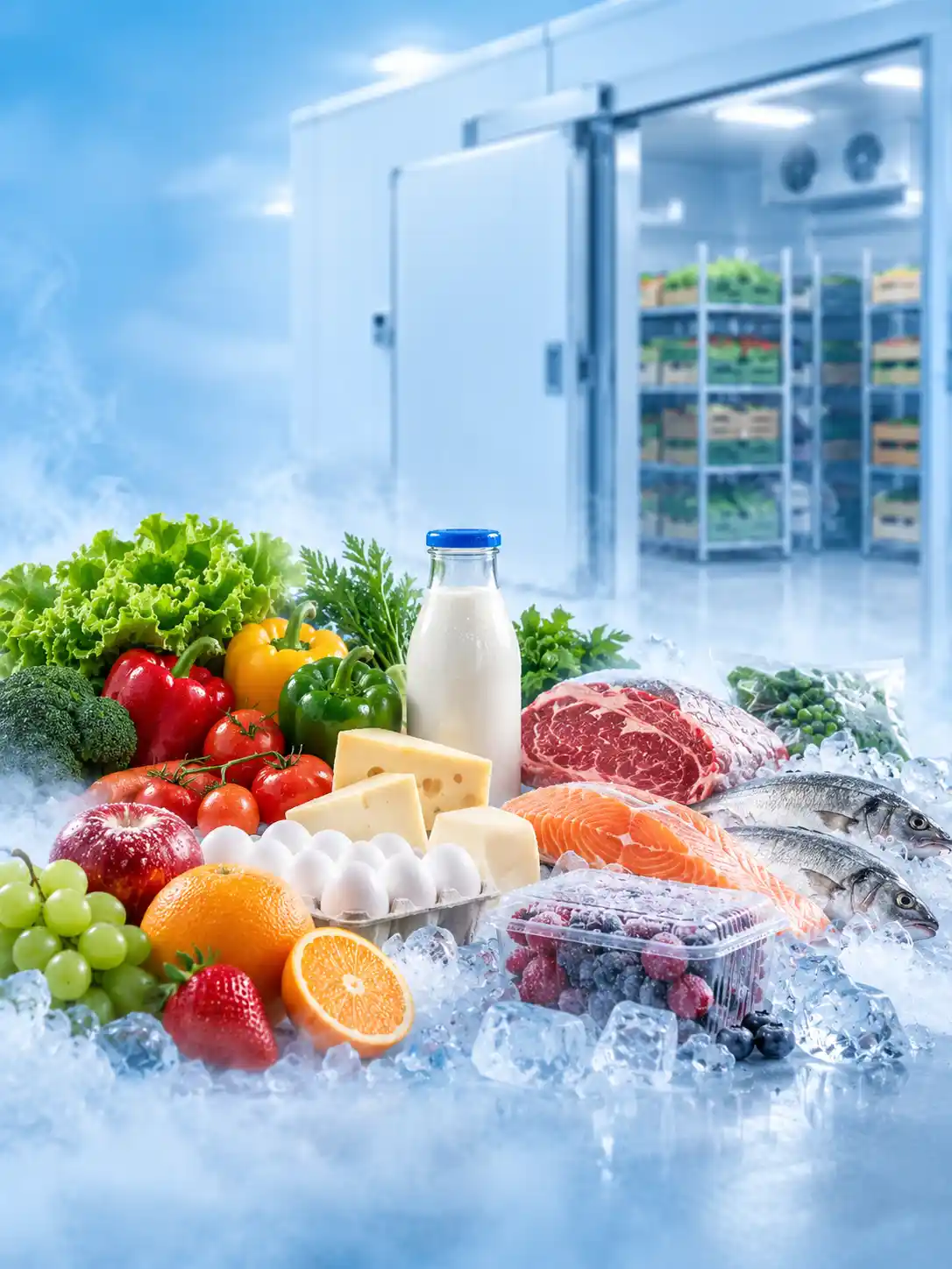 Supermarket cold storage facility with fresh vegetables, meat, seafood, dairy, and refrigerated cold room in the background.