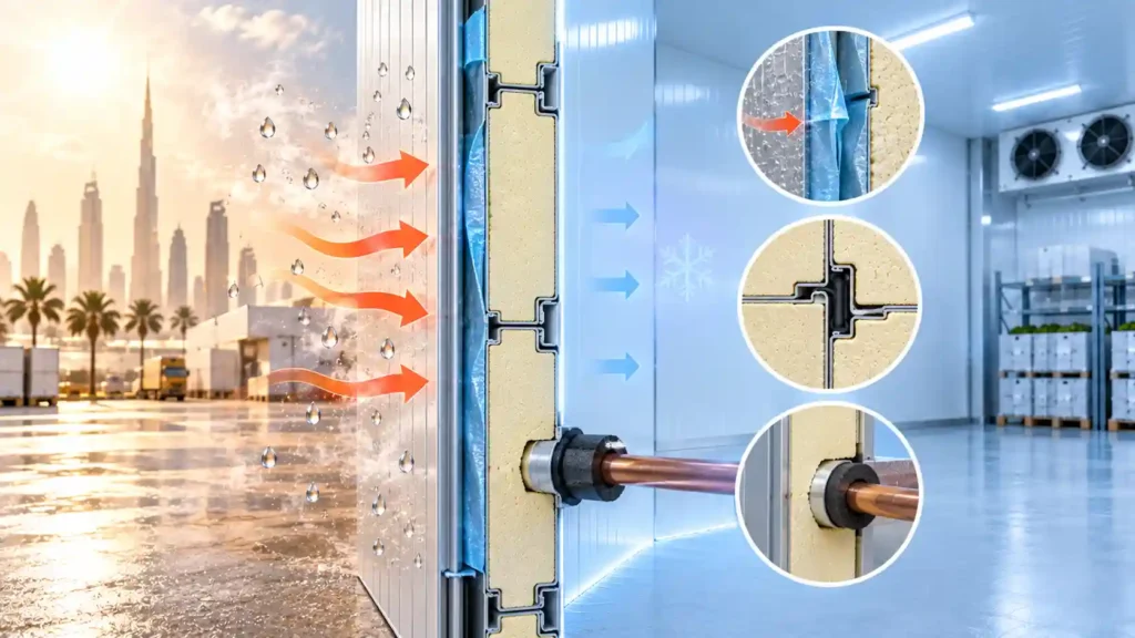 Vapor barrier protecting cold room insulation from moisture and condensation