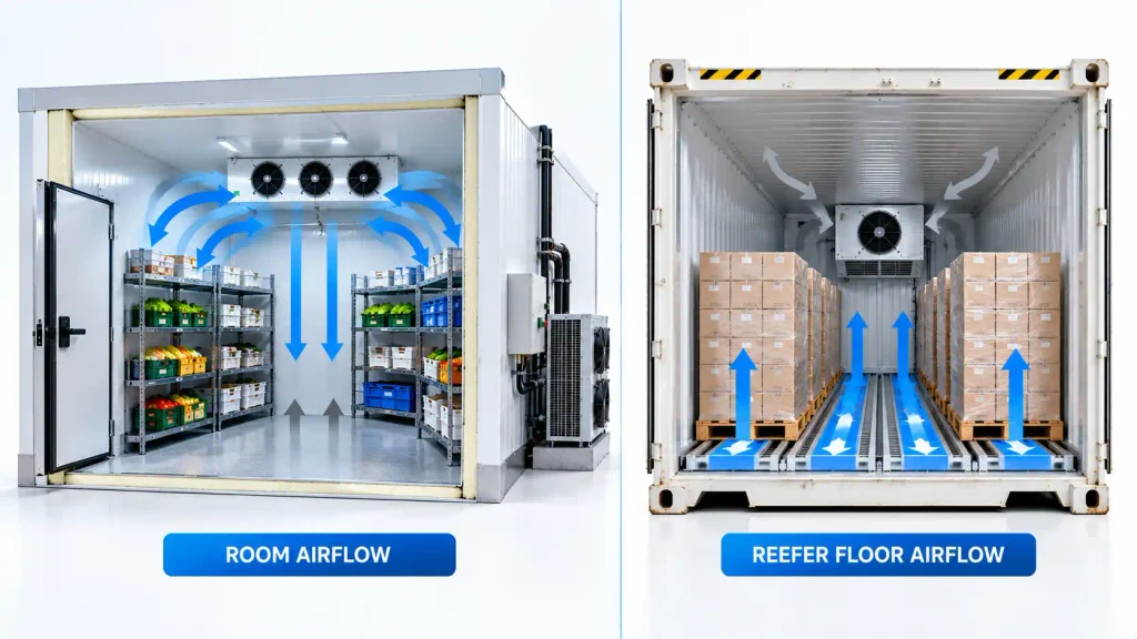 Airflow diagram: chiller room ceiling evaporator spreading cold air over shelving versus reefer container T-bar floor airflow