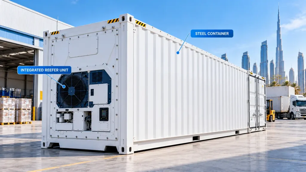 Refrigerated shipping container with integrated reefer unit on the front wall and steel body in a UAE logistics yard