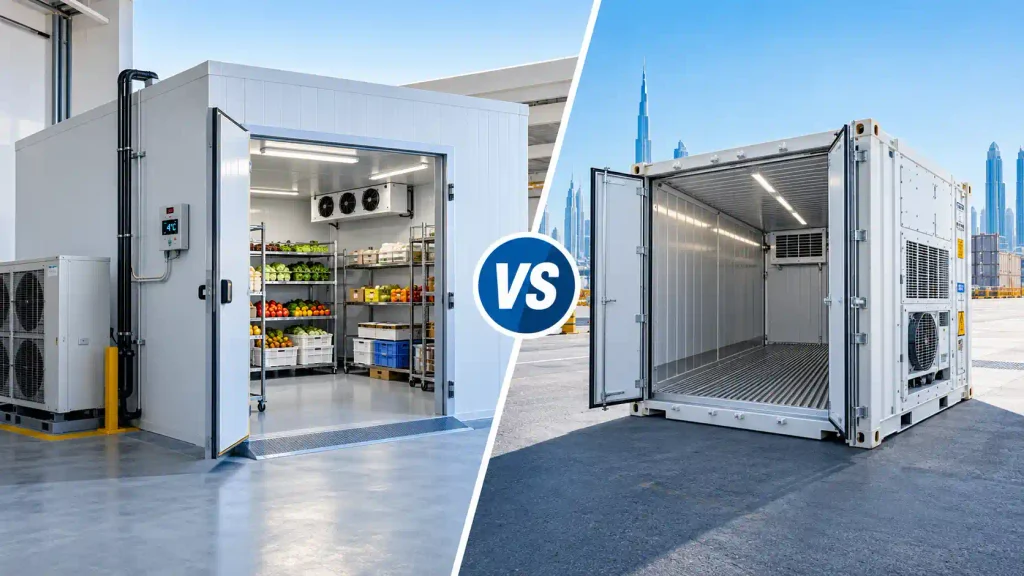 Open walk-in chiller room with shelved produce beside an open reefer container with ribbed T-bar floor in the UAE