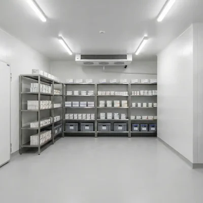 Walk-in chiller room installation in UAE with insulated cold room panels, shelving system, and stable positive temperature control