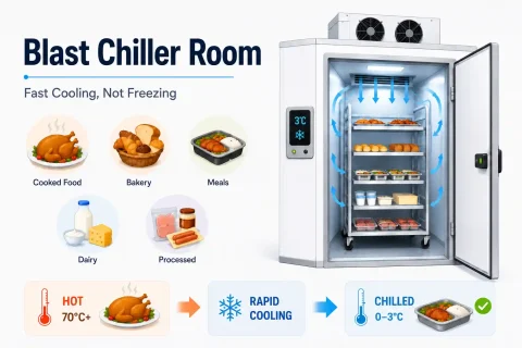 Blast chiller room rapid cooling process in UAE showing hot cooked food cooled to 0 to 3°C for chilled storage