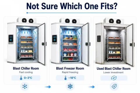 Blast chiller room vs blast freezer room comparison in UAE showing fast cooling, rapid freezing, and used blast chiller room options