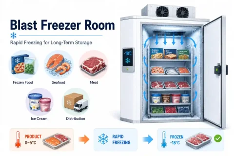 Blast freezer room in UAE showing rapid freezing process for frozen food, seafood, meat, ice cream, and distribution