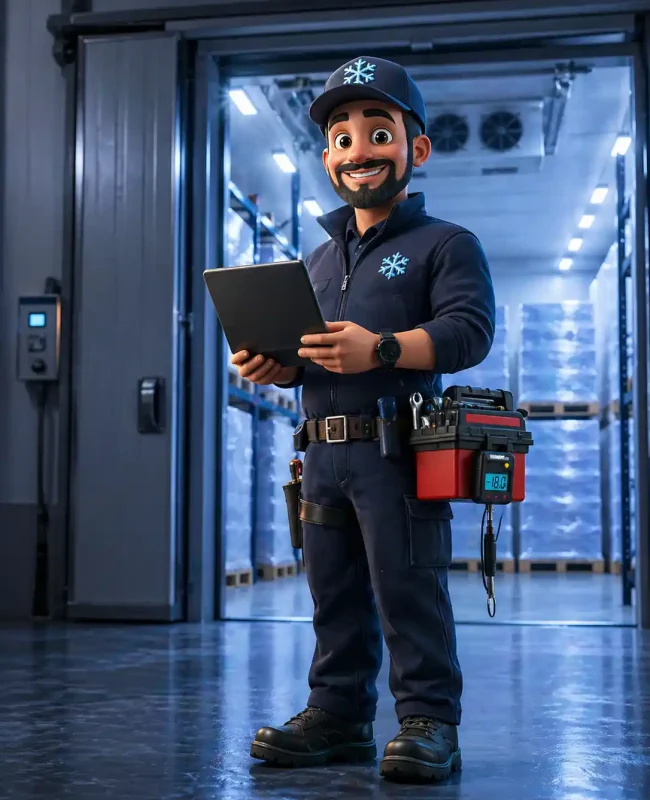 Cold storage technician using tablet inside temperature-controlled cold storage facility in UAE for system monitoring and maintenance