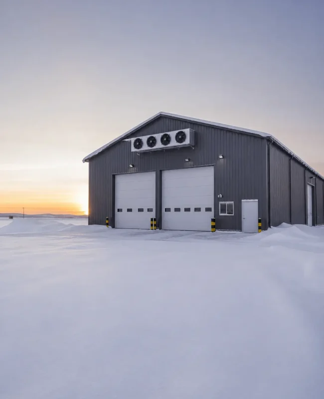 Exterior view of a refrigerated cold storage warehouse facility with industrial cooling systems and insulated loading doors.