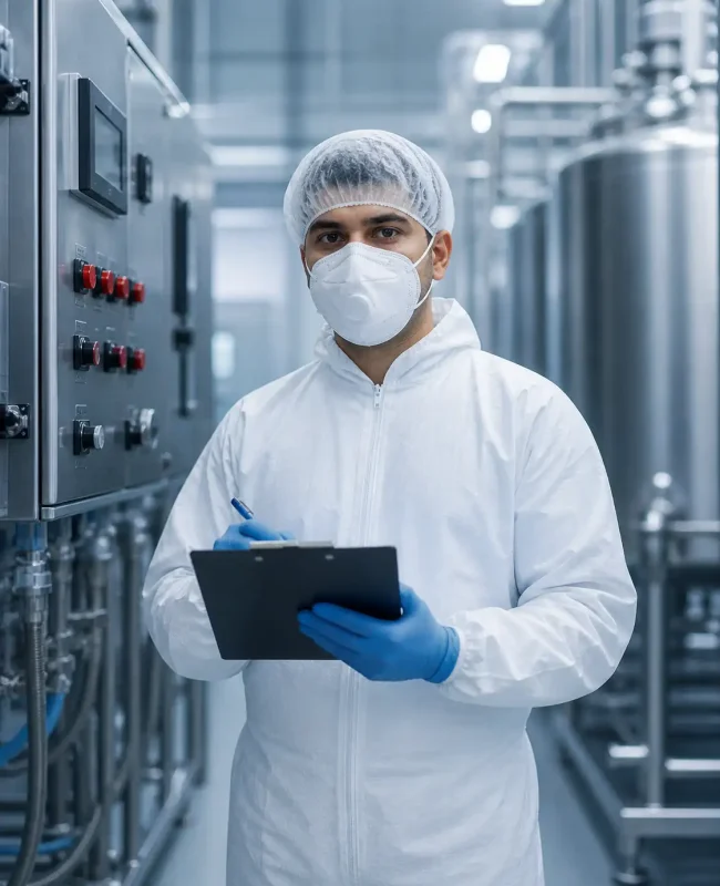 Pharmaceutical technician inspecting cold storage system in UAE ensuring compliance and temperature control