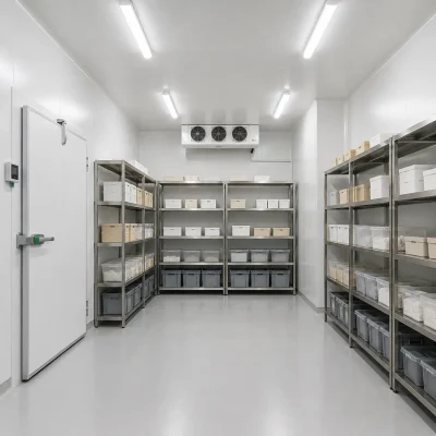 Walk-in chiller room installation in UAE with insulated cold room panels, shelving system, and stable positive temperature control